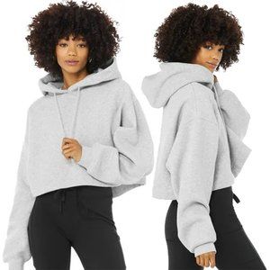 ALO Yoga Bae Oversized Cropped Pullover Hoodie Sweatshirt Top Heathered Grey S
